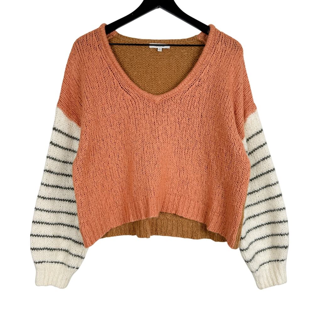 Madewell Colorblock V-neck Sweater Alpaca Blend Tan Stripe Sleeves - M